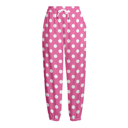 Pink And White Polka Dot Pattern Print Fleece Lined Knit Pants