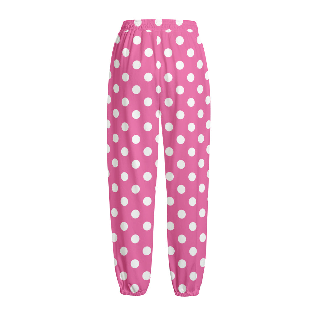 Pink And White Polka Dot Pattern Print Fleece Lined Knit Pants