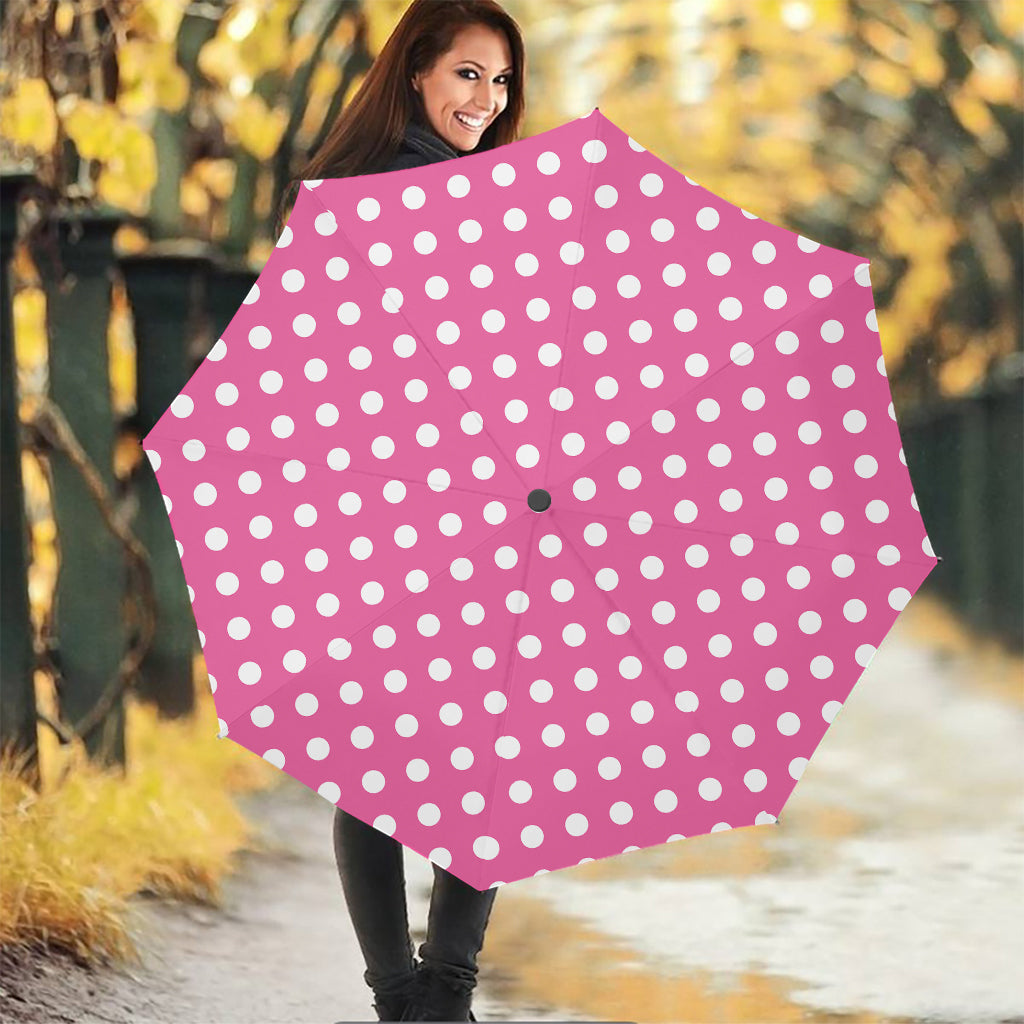 Pink And White Polka Dot Pattern Print Foldable Umbrella