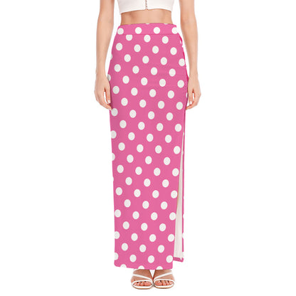 Pink And White Polka Dot Pattern Print High Slit Maxi Skirt