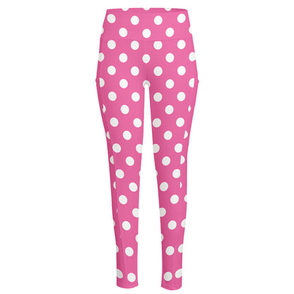 Pink And White Polka Dot Pattern Print High-Waisted Pocket Leggings