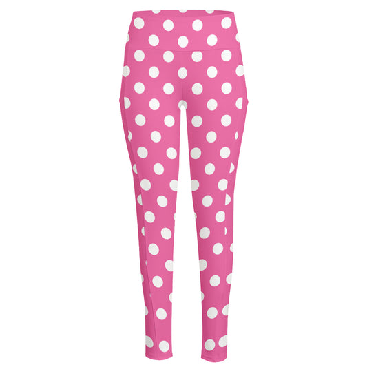 Pink And White Polka Dot Pattern Print High-Waisted Pocket Leggings