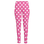 Pink And White Polka Dot Pattern Print High-Waisted Pocket Leggings