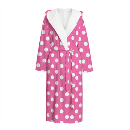 Pink And White Polka Dot Pattern Print Hooded Bathrobe