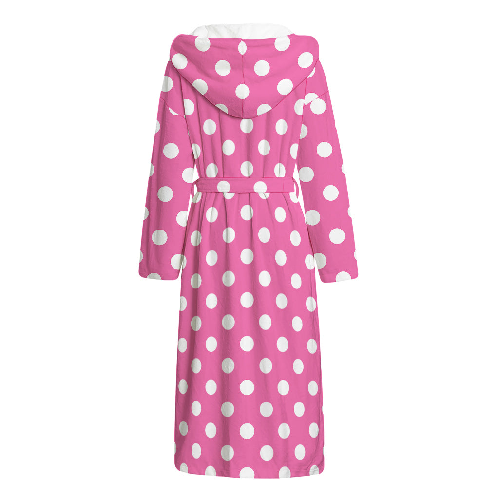 Pink And White Polka Dot Pattern Print Hooded Bathrobe