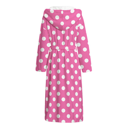 Pink And White Polka Dot Pattern Print Hooded Bathrobe