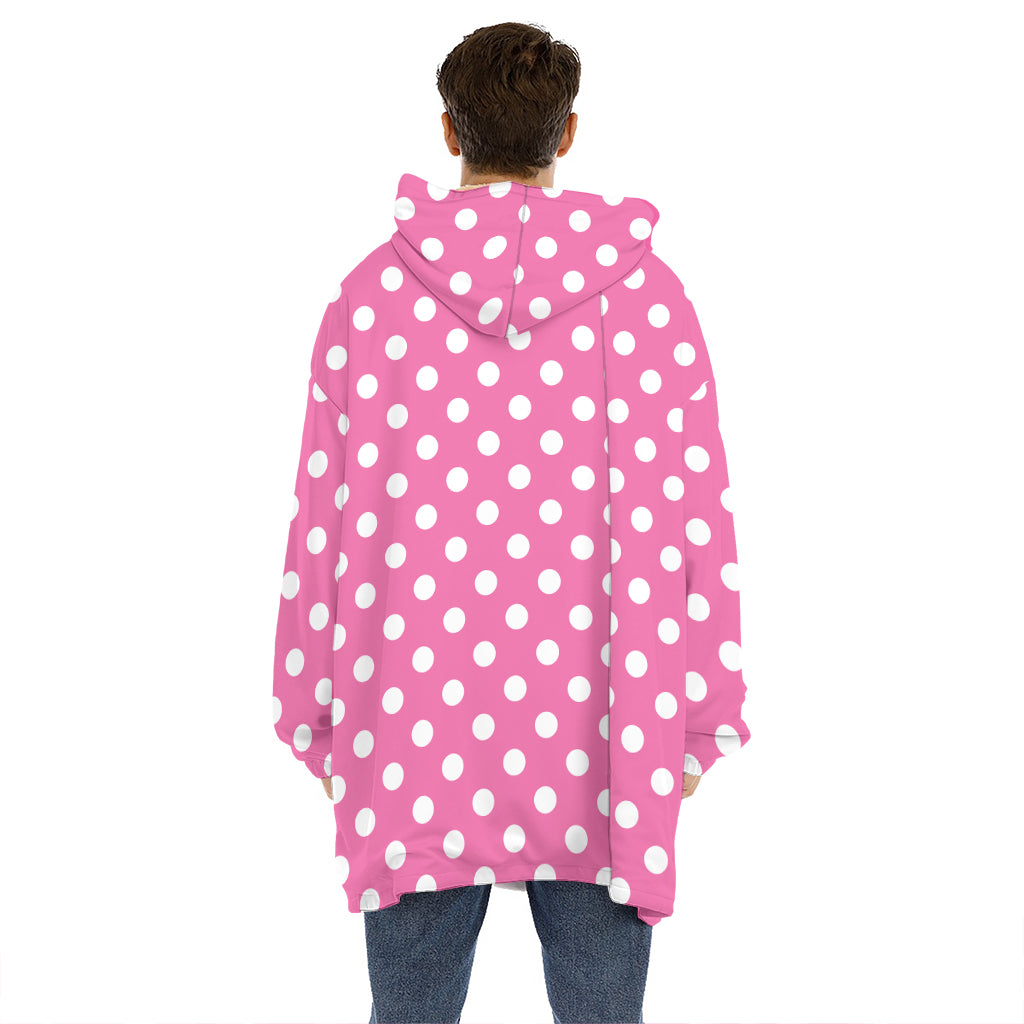 Pink And White Polka Dot Pattern Print Hoodie Blanket