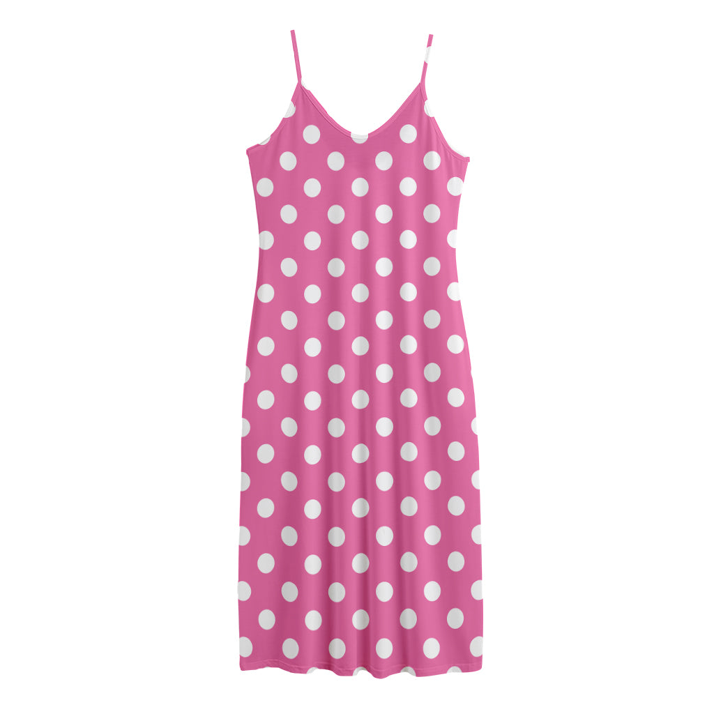 Pink And White Polka Dot Pattern Print Jersey Midi Cami Dress