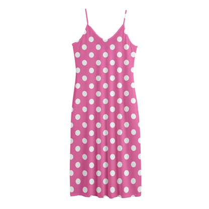 Pink And White Polka Dot Pattern Print Jersey Midi Cami Dress