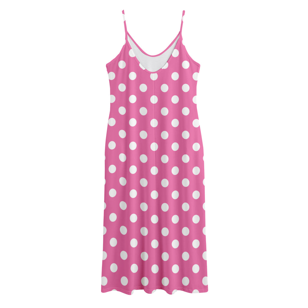 Pink And White Polka Dot Pattern Print Jersey Midi Cami Dress