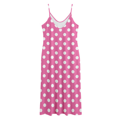 Pink And White Polka Dot Pattern Print Jersey Midi Cami Dress