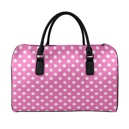 Pink And White Polka Dot Pattern Print Leather Duffle Bag