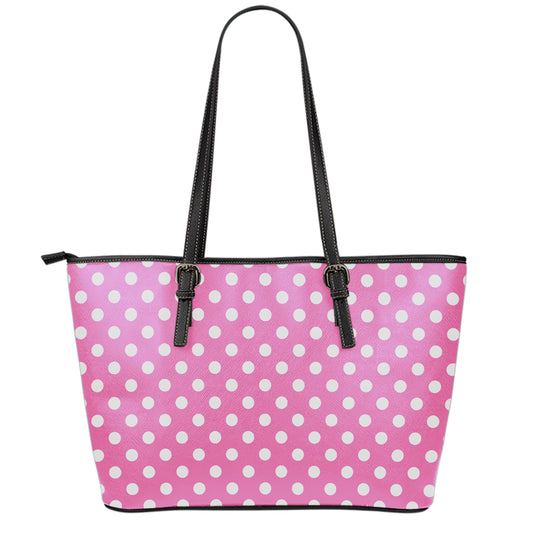 Pink And White Polka Dot Pattern Print Leather Tote Bag