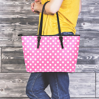 Pink And White Polka Dot Pattern Print Leather Tote Bag