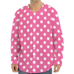 Pink And White Polka Dot Pattern Print Long Sleeve Baseball Jersey
