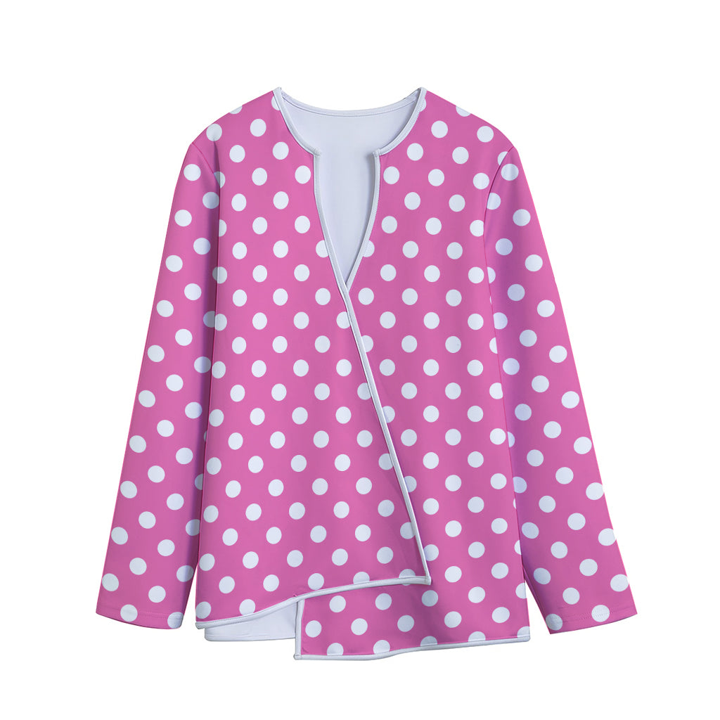 Pink And White Polka Dot Pattern Print Long Sleeve Short Coat