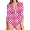 Pink And White Polka Dot Pattern Print Long Sleeve Swimsuit