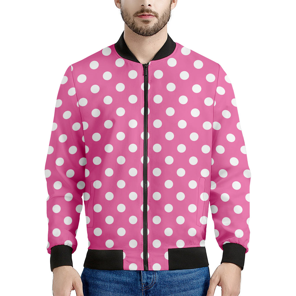 Pink And White Polka Dot Pattern Print Men's Bomber Jacket