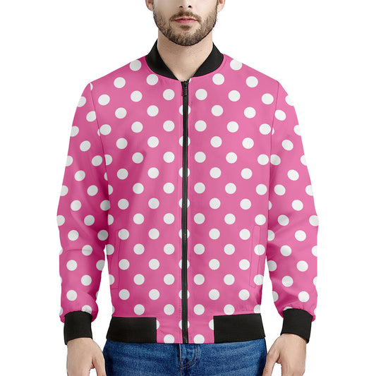 Pink And White Polka Dot Pattern Print Men's Bomber Jacket