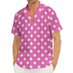 Pink And White Polka Dot Pattern Print Men's Deep V-Neck Shirt