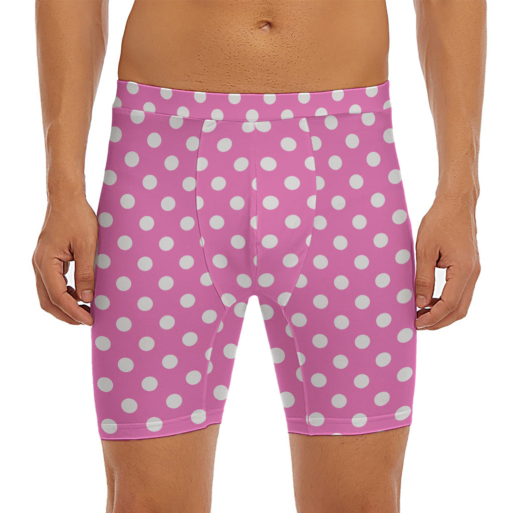 Pink And White Polka Dot Pattern Print Men's Long Boxer Briefs