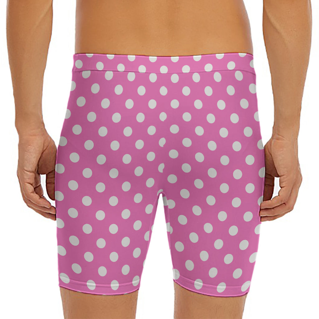 Pink And White Polka Dot Pattern Print Men's Long Boxer Briefs