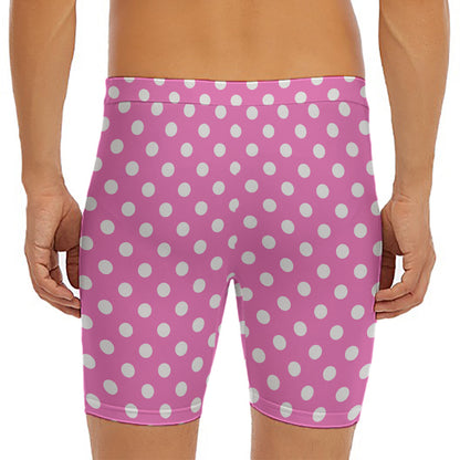 Pink And White Polka Dot Pattern Print Men's Long Boxer Briefs