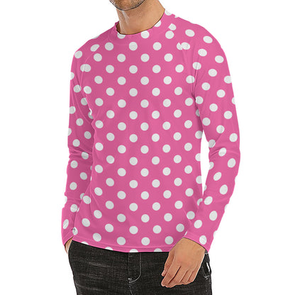 Pink And White Polka Dot Pattern Print Men's Long Sleeve Rash Guard