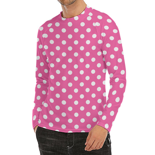 Pink And White Polka Dot Pattern Print Men's Long Sleeve Rash Guard