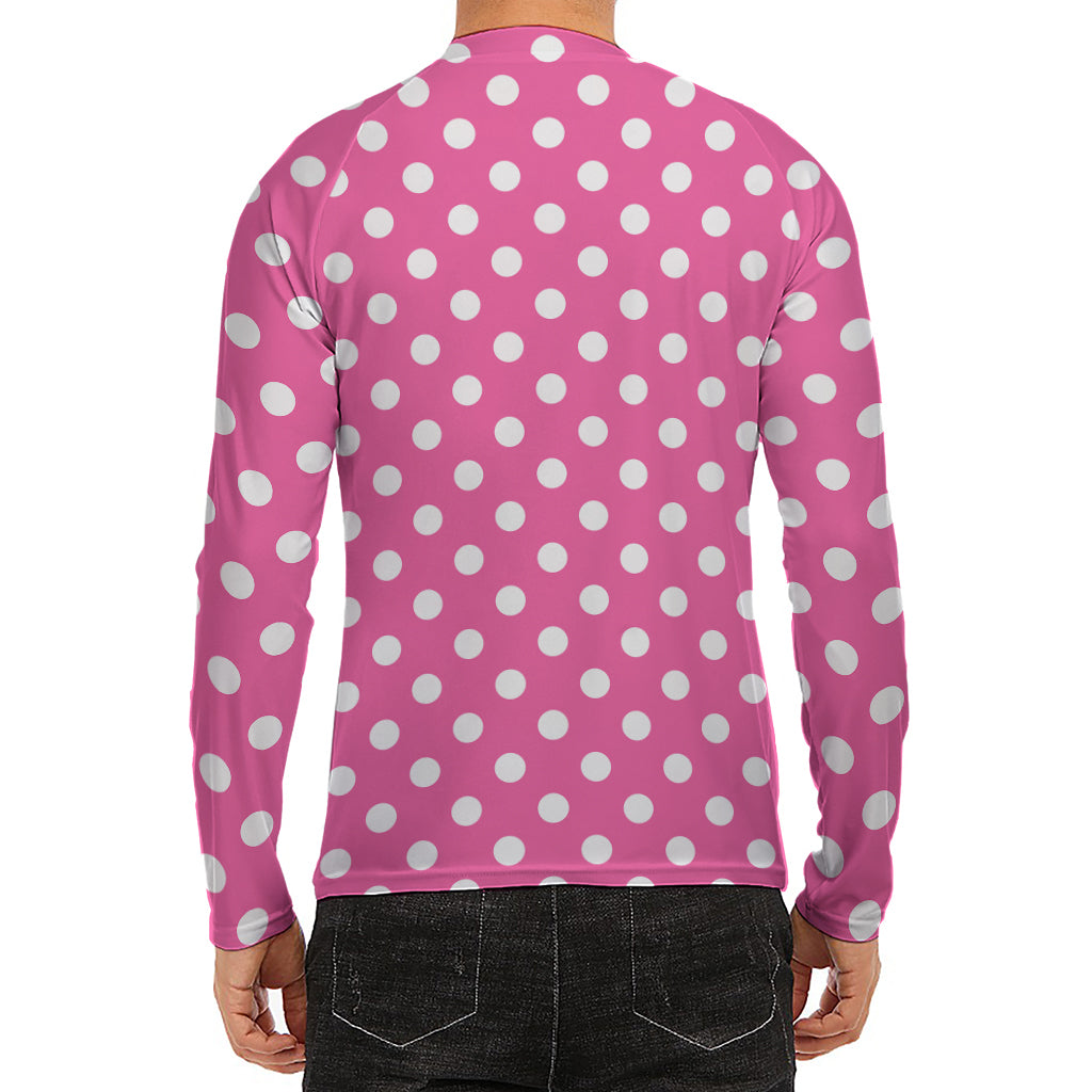 Pink And White Polka Dot Pattern Print Men's Long Sleeve Rash Guard