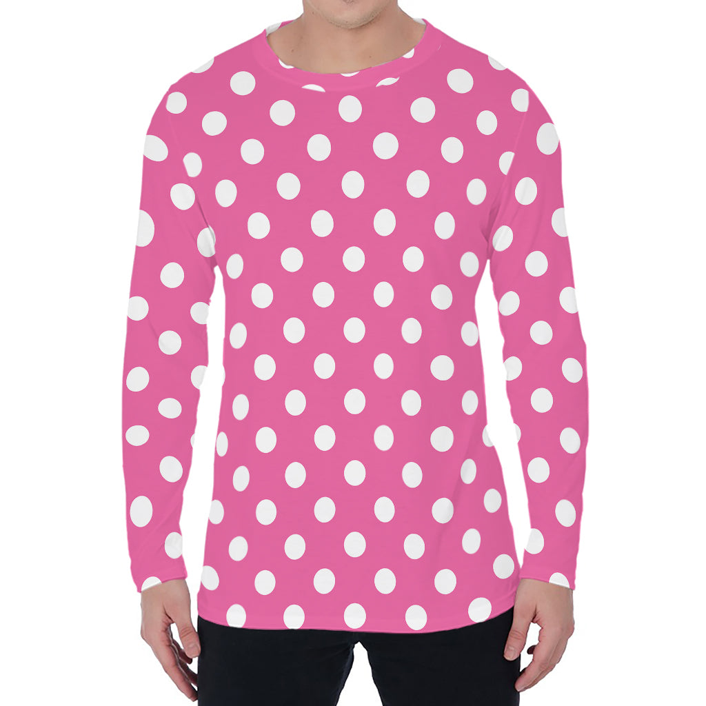 Pink And White Polka Dot Pattern Print Men's Long Sleeve T-Shirt
