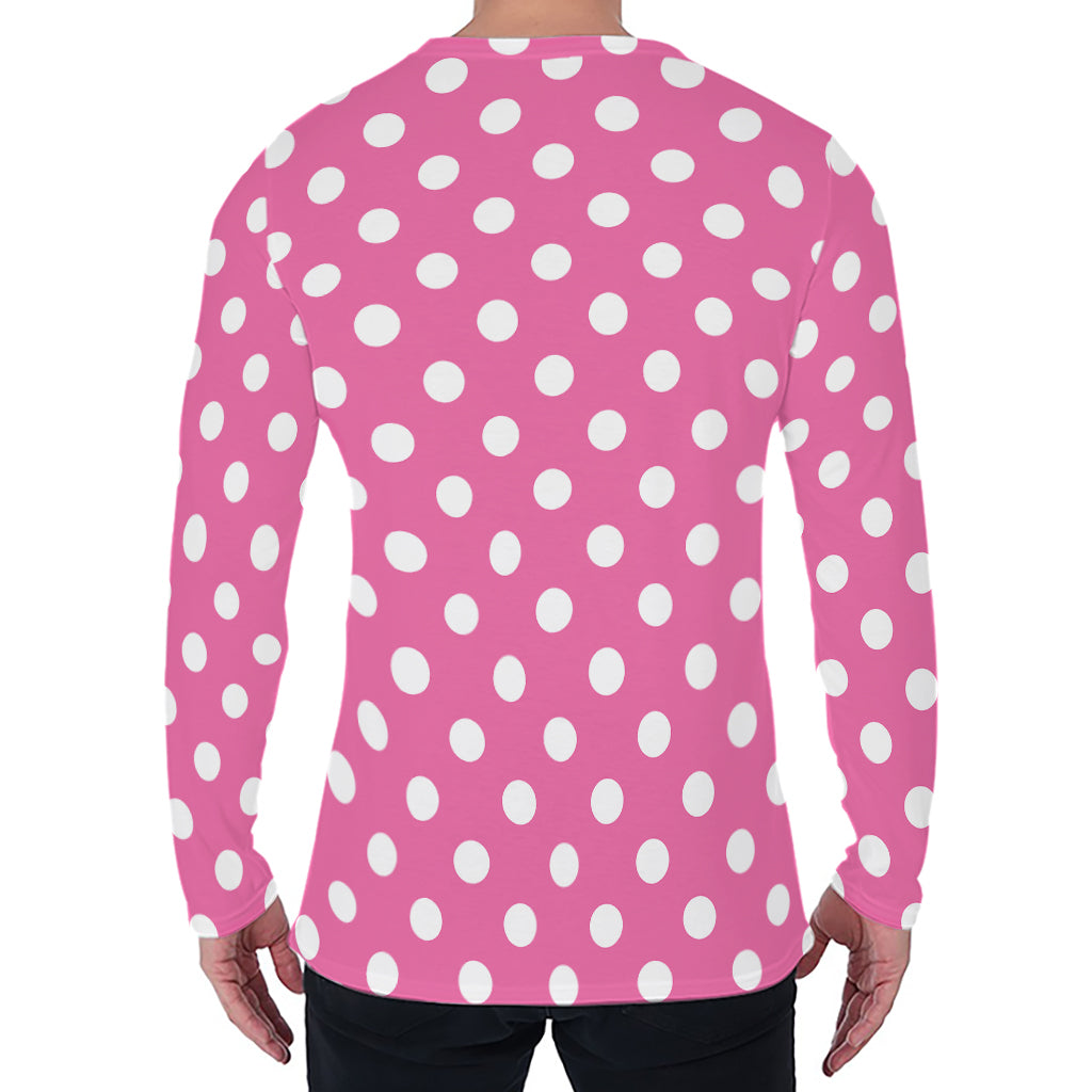 Pink And White Polka Dot Pattern Print Men's Long Sleeve T-Shirt