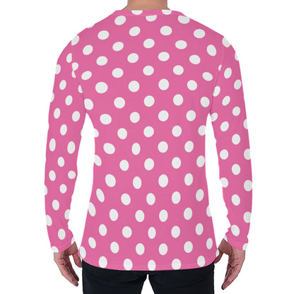 Pink And White Polka Dot Pattern Print Men's Long Sleeve T-Shirt