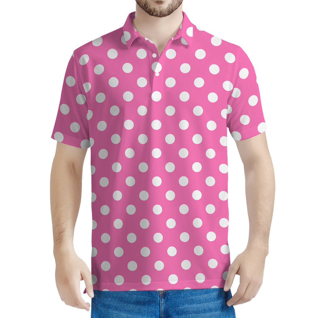 Pink And White Polka Dot Pattern Print Men's Polo Shirt