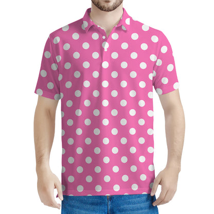 Pink And White Polka Dot Pattern Print Men's Polo Shirt