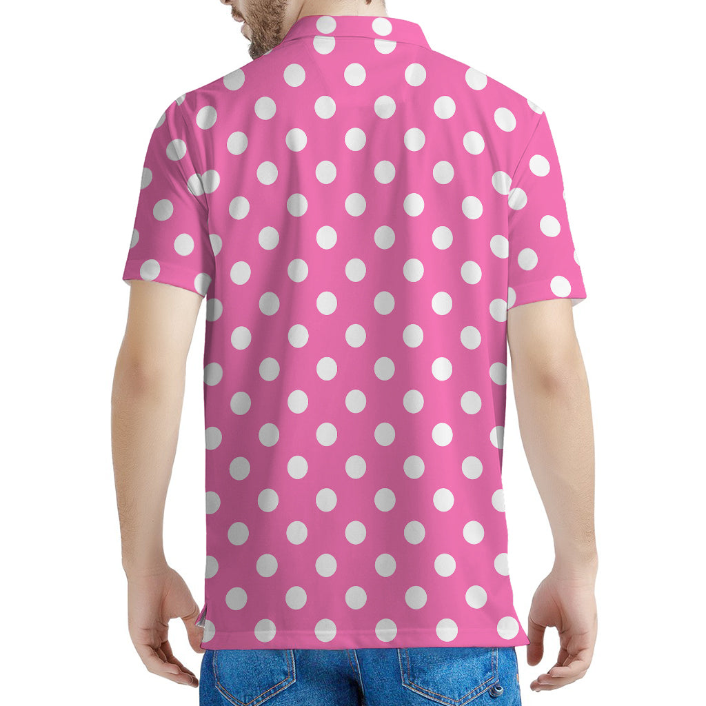 Pink And White Polka Dot Pattern Print Men's Polo Shirt