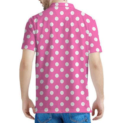 Pink And White Polka Dot Pattern Print Men's Polo Shirt