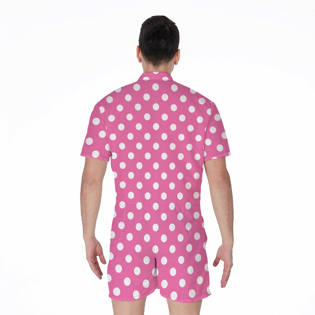 Pink And White Polka Dot Pattern Print Men's Rompers