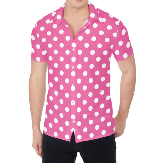 Pink And White Polka Dot Pattern Print Men's Shirt