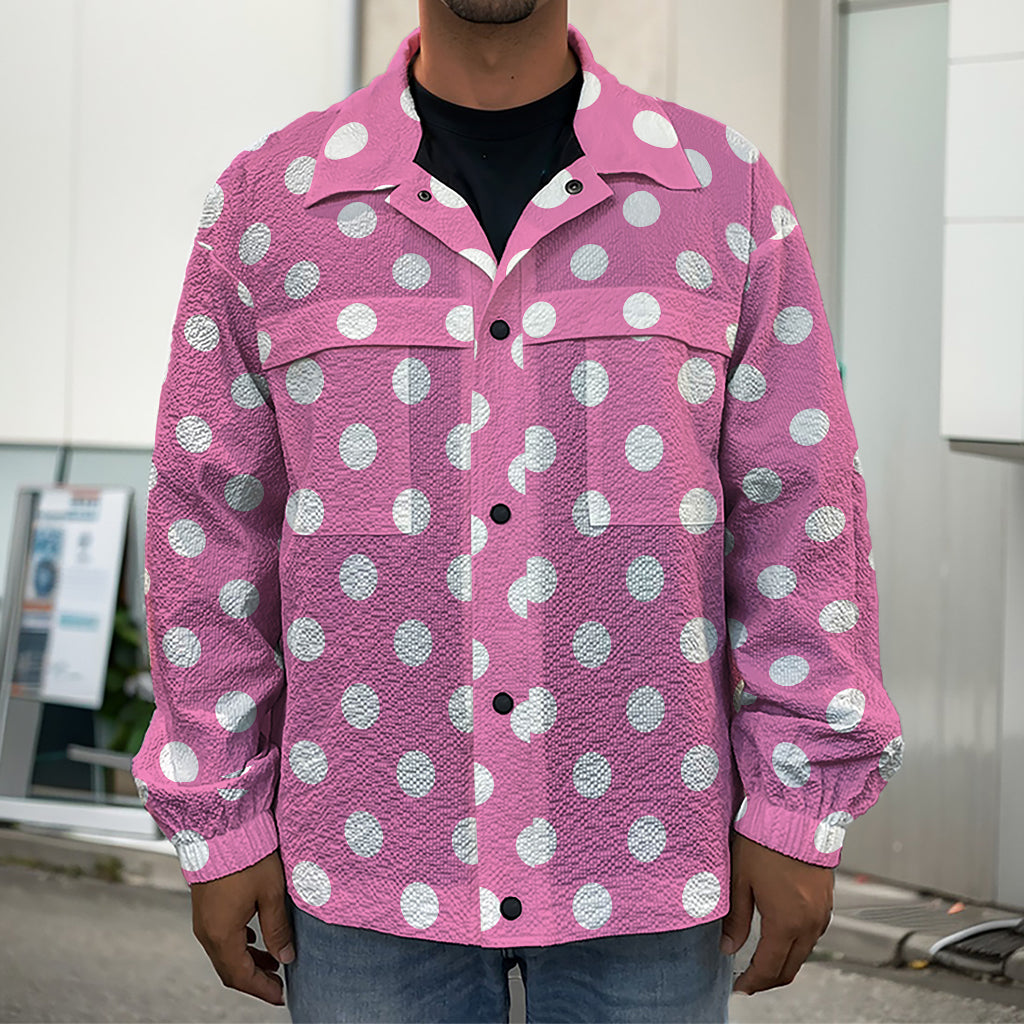 Pink And White Polka Dot Pattern Print Men's Shirt Jacket
