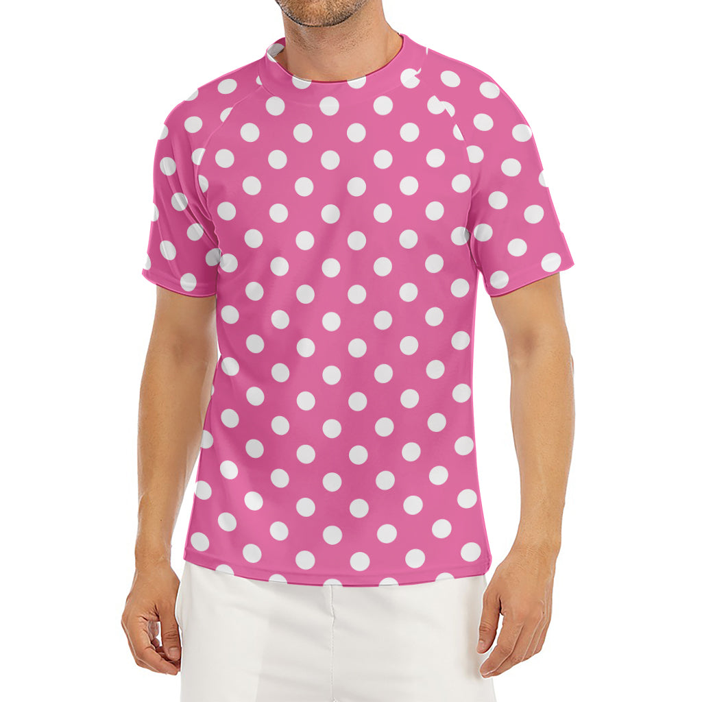 Pink And White Polka Dot Pattern Print Men's Short Sleeve Rash Guard