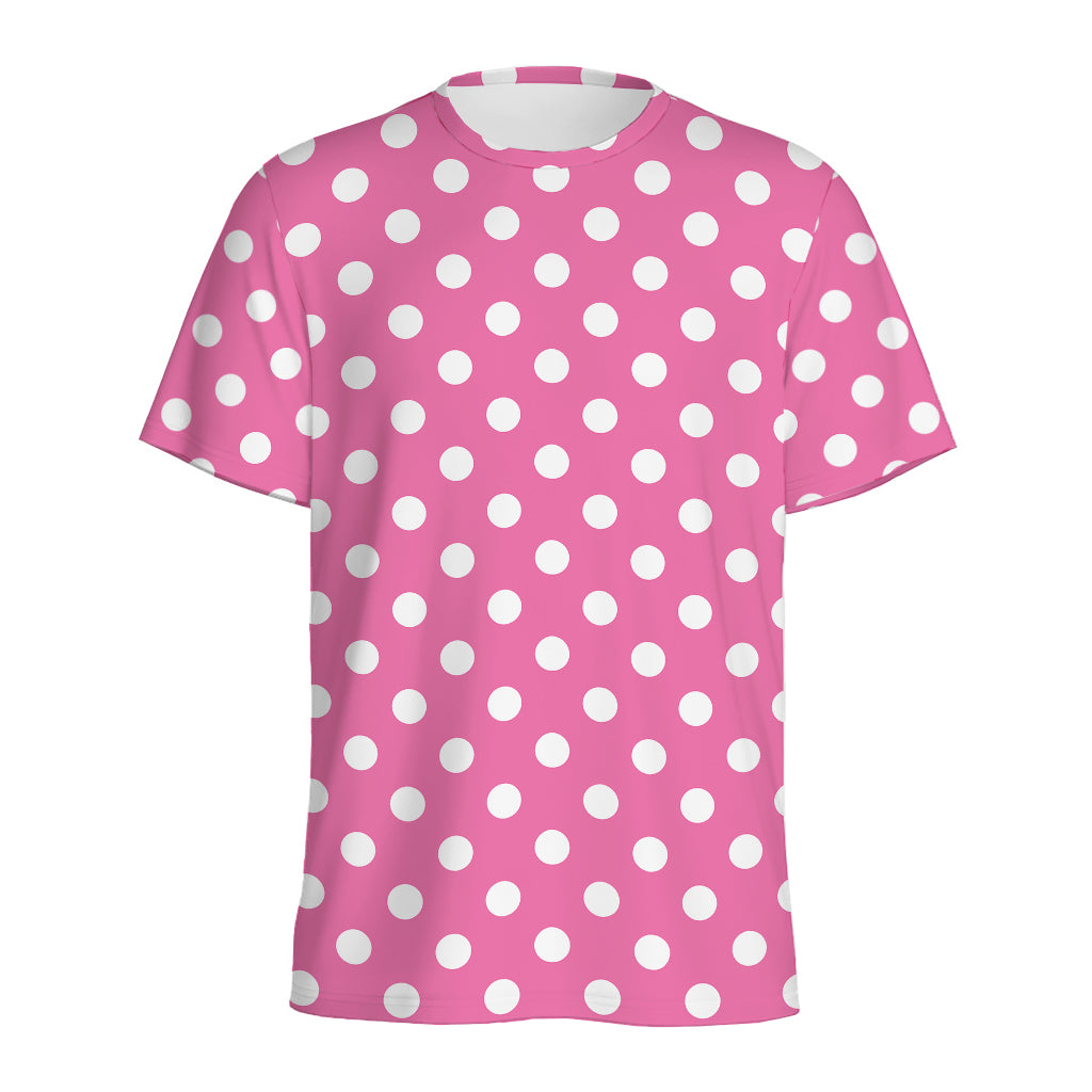 Pink And White Polka Dot Pattern Print Men's Sports T-Shirt