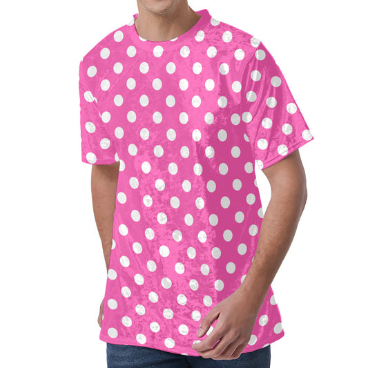 Pink And White Polka Dot Pattern Print Men's Velvet T-Shirt