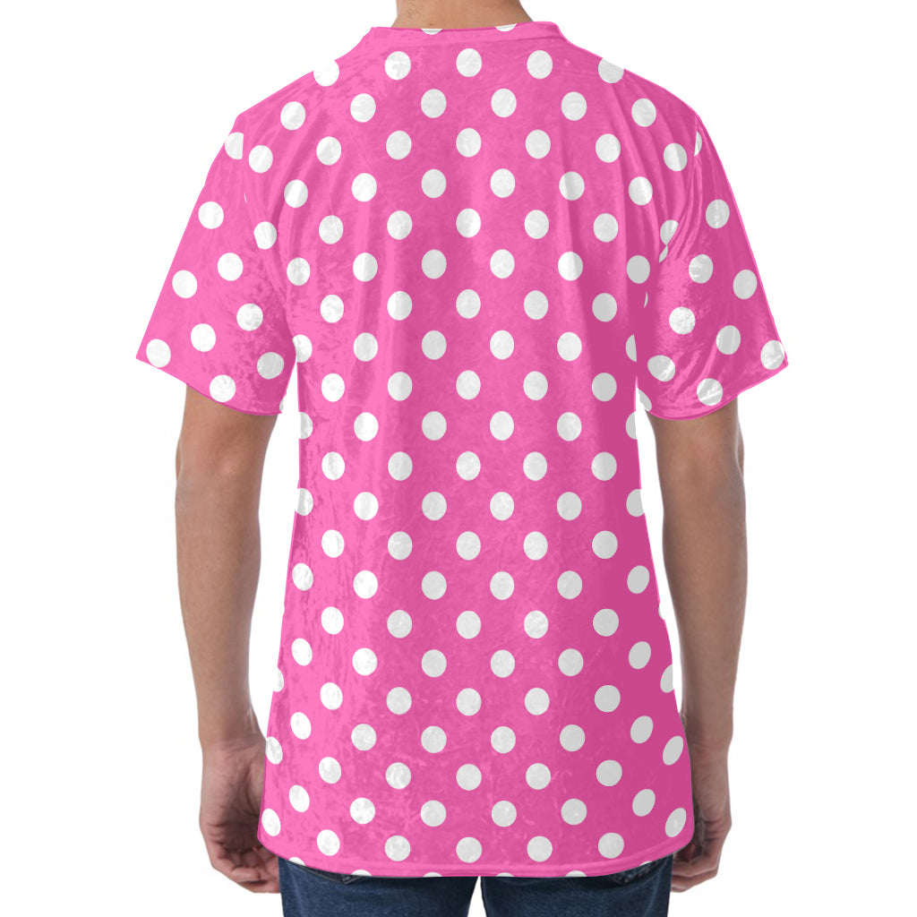 Pink And White Polka Dot Pattern Print Men's Velvet T-Shirt