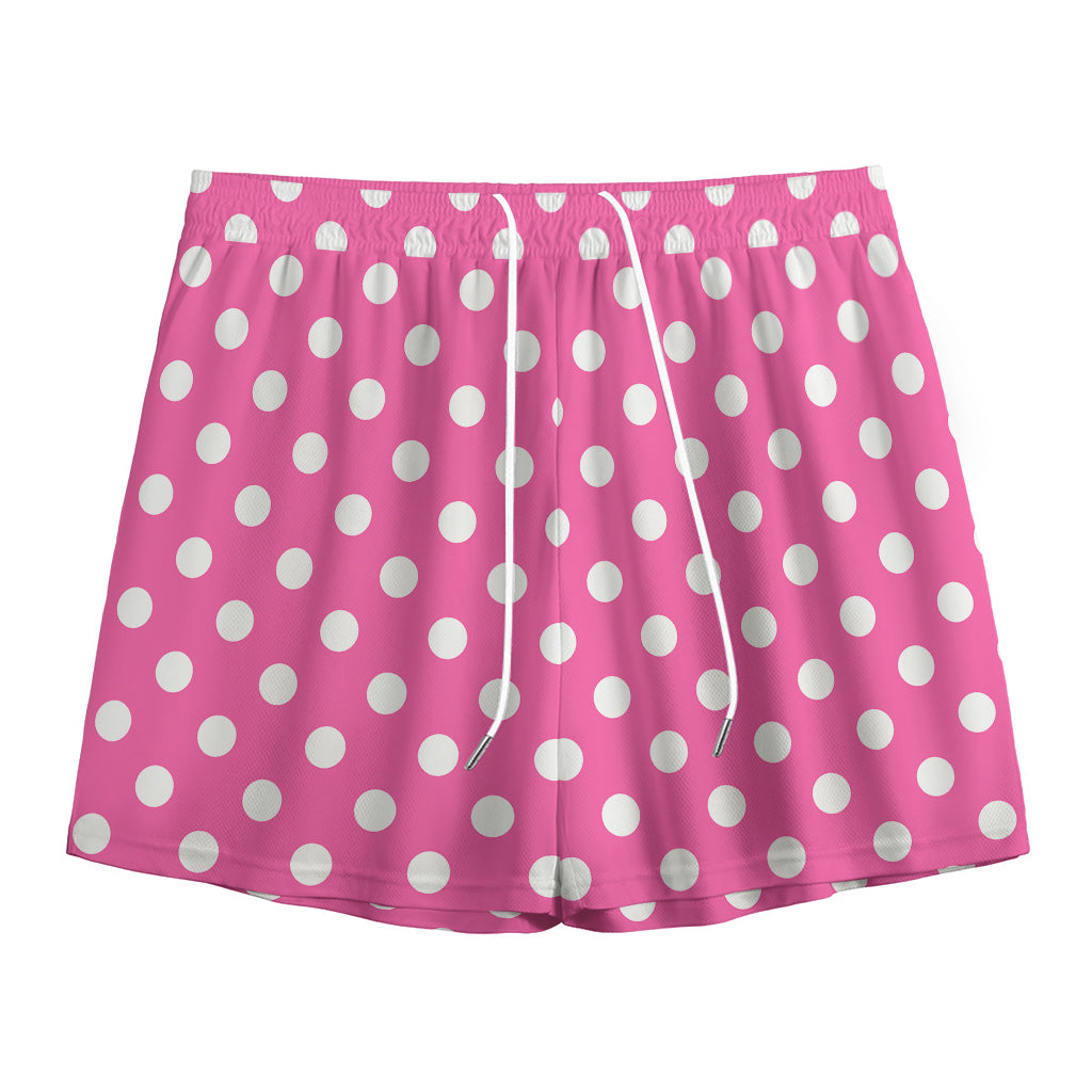 Pink And White Polka Dot Pattern Print Mesh Shorts