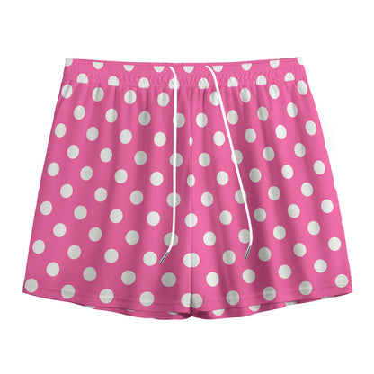 Pink And White Polka Dot Pattern Print Mesh Shorts