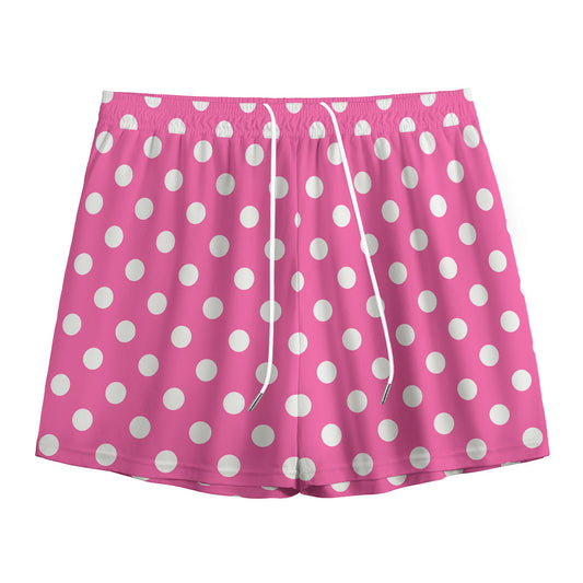 Pink And White Polka Dot Pattern Print Mesh Shorts