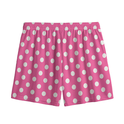 Pink And White Polka Dot Pattern Print Mesh Shorts