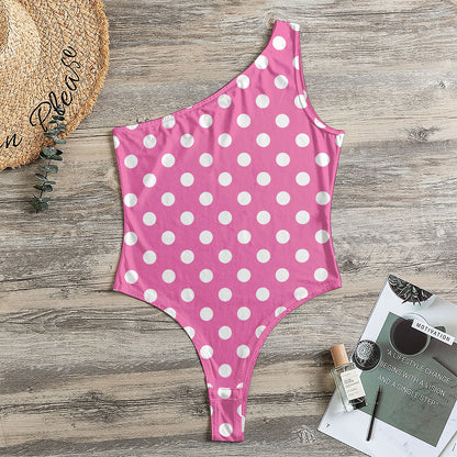 Pink And White Polka Dot Pattern Print One Shoulder Bodysuit