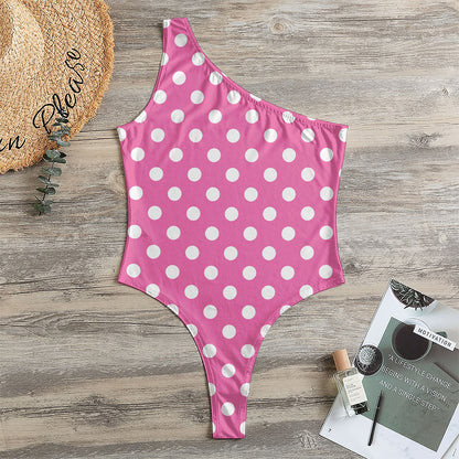 Pink And White Polka Dot Pattern Print One Shoulder Bodysuit